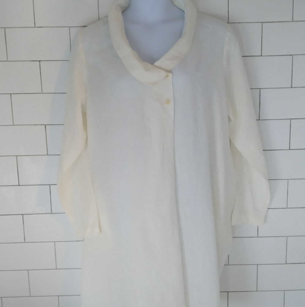 NWT FLAX Ivory Linen Dress with Unique Shawl Collar, Size Large / 14-18 Gorgeous